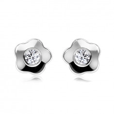 Brilliant earrings made of white 375 gold - glossy flowers with diamond in the middle, studs
