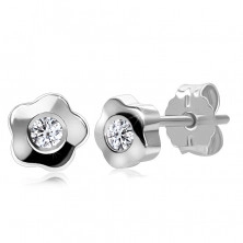 Brilliant earrings made of white 375 gold - glossy flowers with diamond in the middle, studs