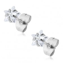 Steel earrings with clear zircon in the shape of a star, 6 mm