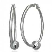 Steel earrings – smooth glossy hoops with a silver coloured bead, 34 mm