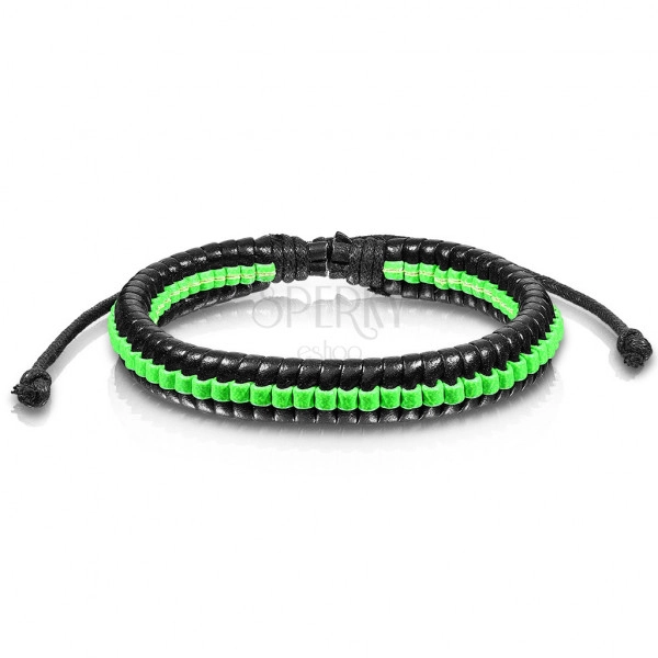 Black leather bracelet – interlaced green string, adjustable length