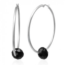 Steel earrings - big circles in silver colour with black cut bead