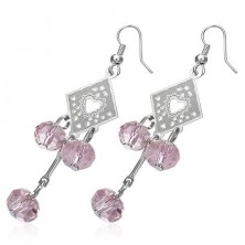 Earrings - decorated rhombus with pink bead balls