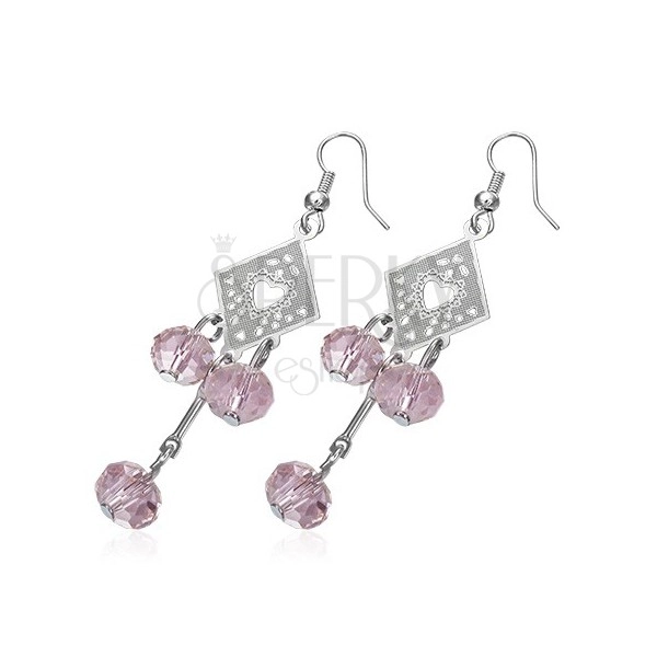 Earrings - decorated rhombus with pink bead balls