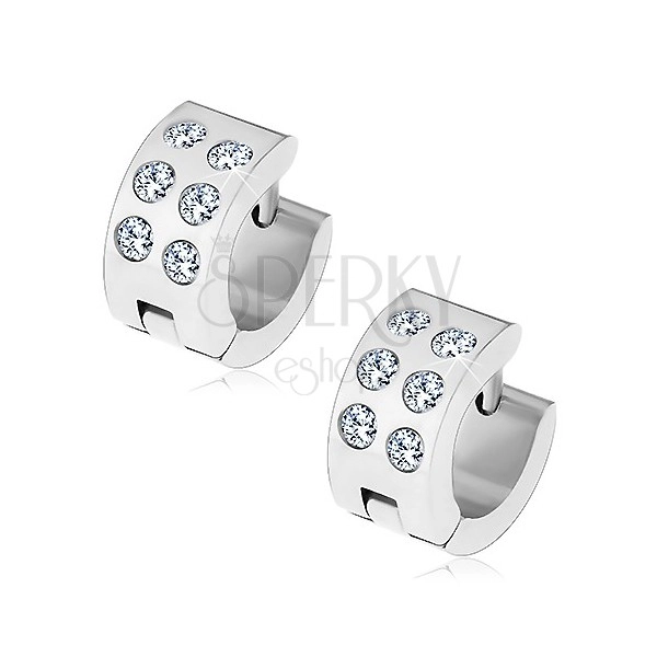Steel hinged snap earrings with six round zircons in clear colour