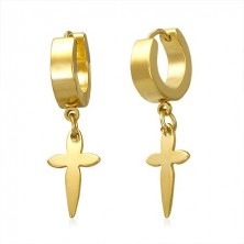 Earrings made of 316L steel in gold colour with dangling cross, hinged snap fastening
