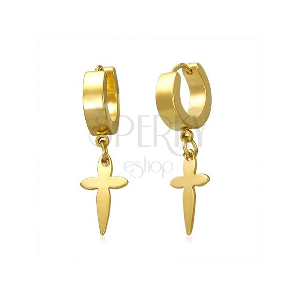 Earrings made of 316L steel in gold colour with dangling cross, hinged snap fastening
