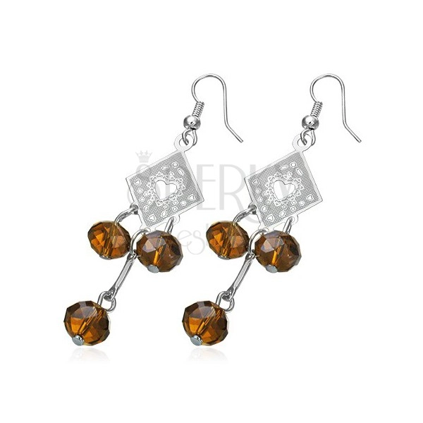 Fashion earrings - ornate rhombus with brown beads