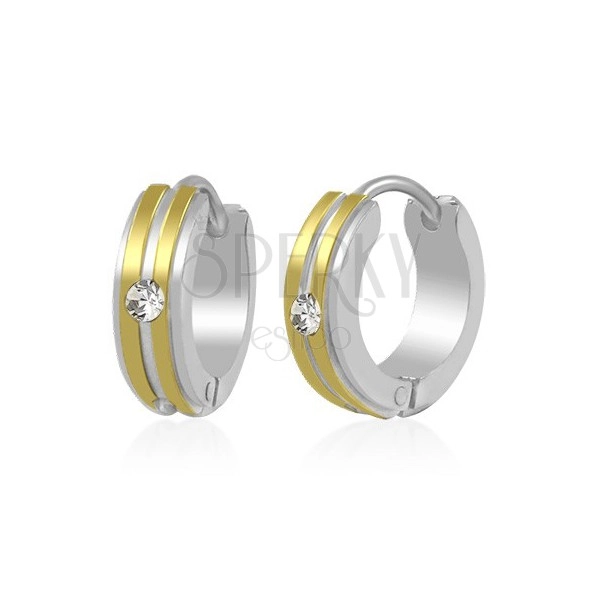 Bicoloured steel earrings - circles, two gold strips and zircon in clear colour