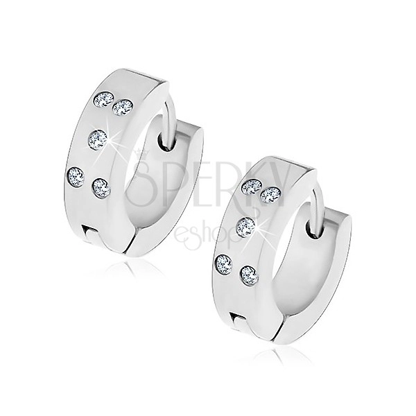 Steel earrings with five clear zircons, hinged snap fastening