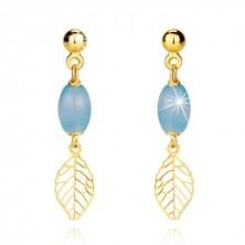 14K Yellow gold earrings – light blue agate, leaves, studs