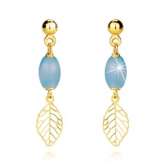 14K Yellow gold earrings – light blue agate, leaves, studs