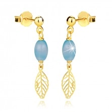 14K Yellow gold earrings – light blue agate, leaves, studs