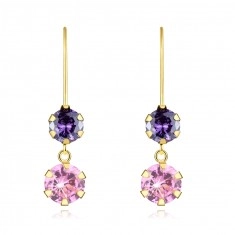 585 Gold dangling earrings – pink and purple zircons, afro hooks