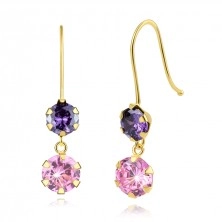 585 Gold dangling earrings – pink and purple zircons, afro hooks