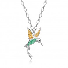 925 Silver necklace – hummingbird, yellow, green, black stone, thin chain