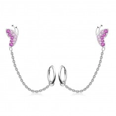 Earrings for two holes in 925 silver – a butterfly with pink zircons, a hoop, a stud