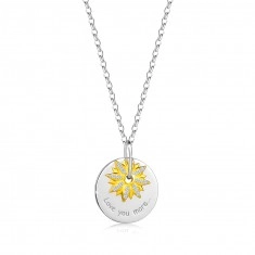 925 Silver necklace – thin disc, inscription “Love you more”, flower, clear zircons