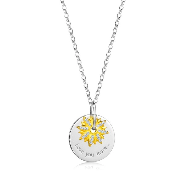 925 Silver necklace – thin disc, inscription “Love you more”, flower, clear zircons