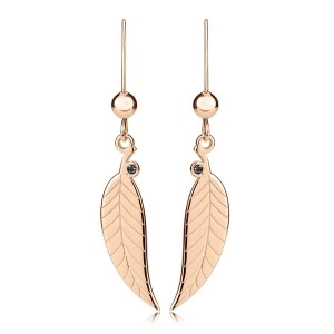 925 Silver brilliant earrings – leaf with black diamond, rose-gold colour