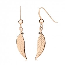 925 Silver brilliant earrings – leaf with black diamond, rose-gold colour