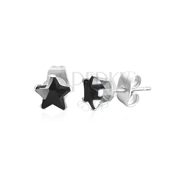 Steel earrings in silver colour with black zircon star