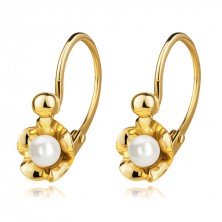 375 yellow gold earrings - flower with cultured white pearl, children's brisure