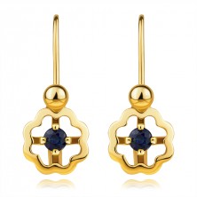 9K yellow gold earrings - flower with natural sapphire, children's brisure