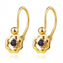 9K yellow gold earrings - flower with natural sapphire, children's brisure