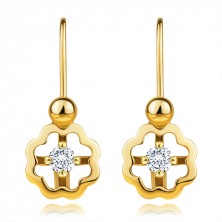 9K yellow gold earrings - flower with clear zircon, children's brisure