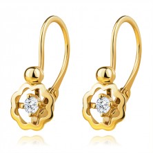 9K yellow gold earrings - flower with clear zircon, children's brisure