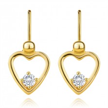 14K yellow gold earrings - heart outline with clear zircon, children's brisure