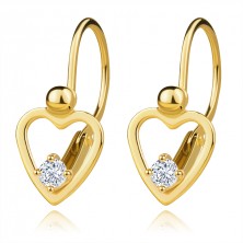 14K yellow gold earrings - heart outline with clear zircon, children's brisure