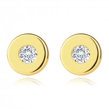 14K gold earrings in yellow gold - smooth circle with clear zircon in the centre