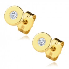 14K gold earrings in yellow gold - smooth circle with clear zircon in the centre