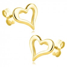 925 Silver earrings in golden colour - asymmetric hearts, studs