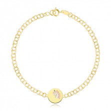 375 yellow gold children's bracelet - double links, flat disc with unicorn