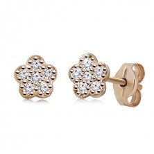 585 Rose gold earrings - flower motif, clear cubic zircons, studs