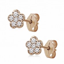 585 Rose gold earrings - flower motif, clear cubic zircons, studs