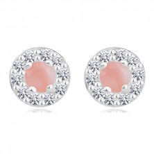 925 Silver earrings - pink opal, round setting with clear zircons