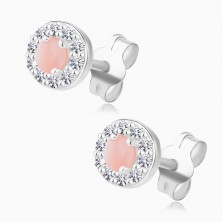 925 Silver earrings - pink opal, round setting with clear zircons