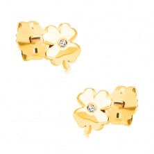 9K yellow gold diamond earrings - shiny four-leaf clover with clear brilliants