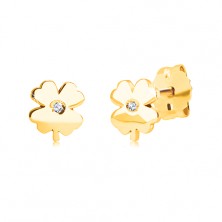 9K yellow gold diamond earrings - shiny four-leaf clover with clear brilliants