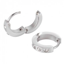 Steel earrings in silver colour - four zircons, hinged snap fastening