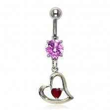 Slant heart navel ring, pink and red zircon