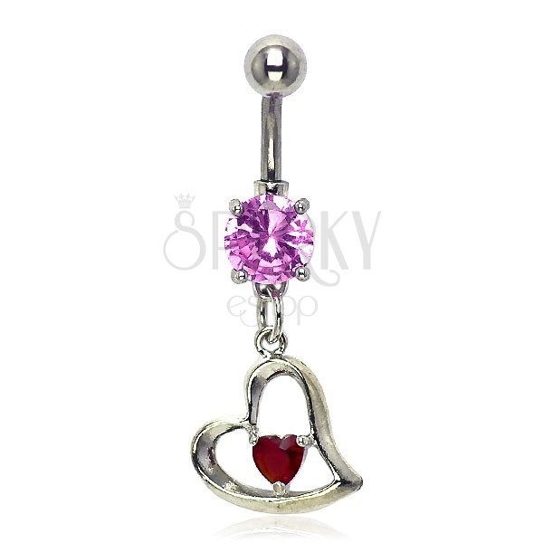 Slant heart navel ring, pink and red zircon
