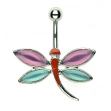 Navel dragonfly piercing - pink and blue toned wings