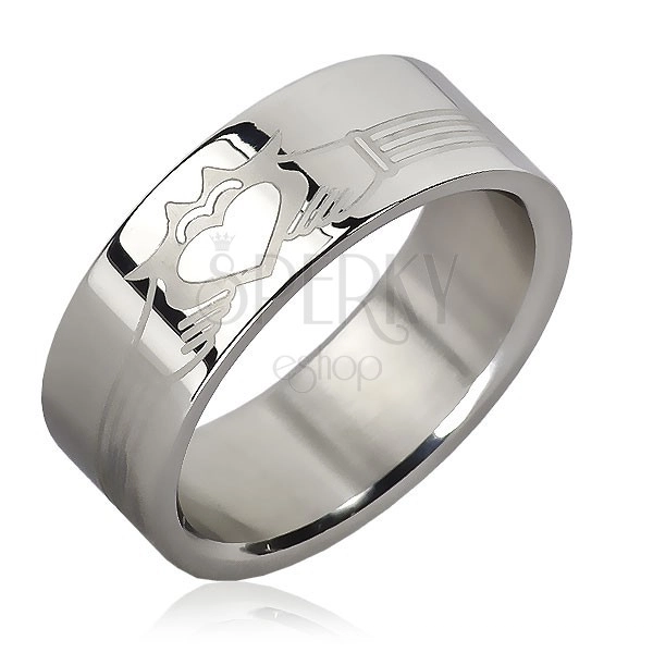 Stainless steel ring - lines, burning heart in hands