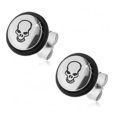Surgical steel earrings - black skull, rubber O-ring