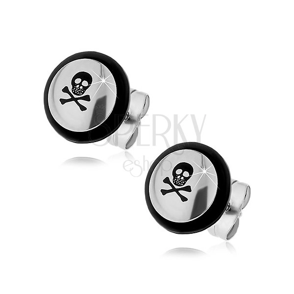 Steel earrings - black skull, crossbones, rubber O-ring